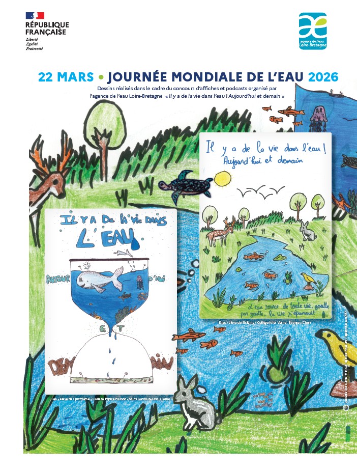 Affiche réalisée à partir des dessins des lauréats du concours d'affiches et podcasts 2026 de l'agence de l'eau