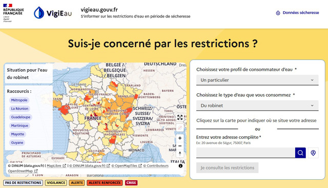 Visuel d'illustration montrant un extrait du site https://vigieau.gouv.fr - Suis-je concerné par les restrictions ?