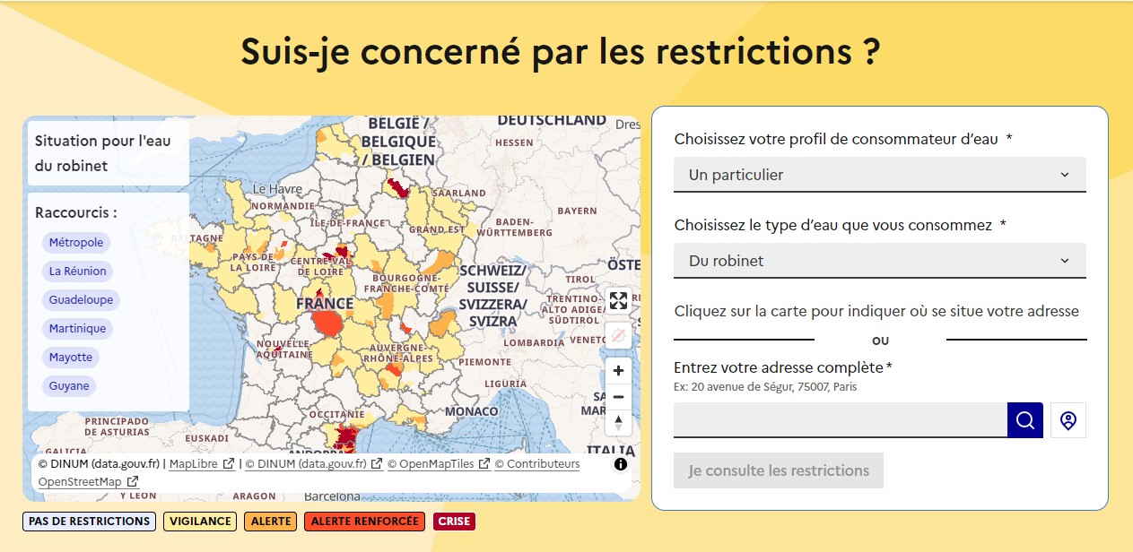 Visuel d'illustration montrant un extrait du site https://vigieau.gouv.fr - Suis-je concerné par les restrictions ?