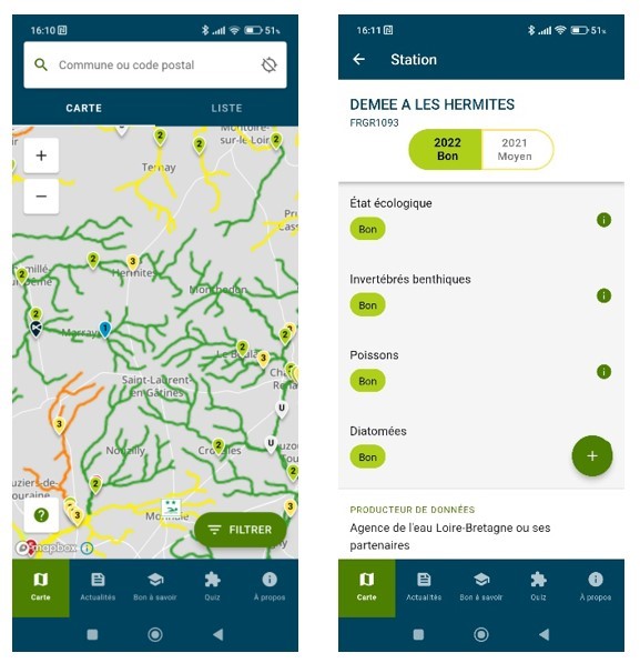 visuel de l'application rivières