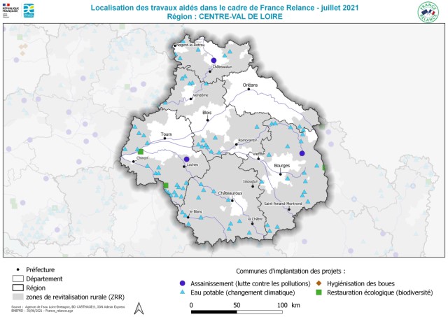 Localisation (commune d'implantation) des travaux pour l'eau aidés par France Relance en Centre-Val de Loire - juillet 2021 - La nature des projet est différenciée dans la légende : Assainissement (lutte contre les pollutions) - Eau potable (changement climatique) - Hygiénisation des boues - Restauration écologique (biodiversité)