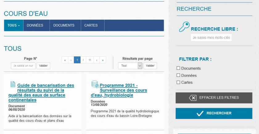 Image de la page Cours d'eau avec son moteur de recherche thématique à droite