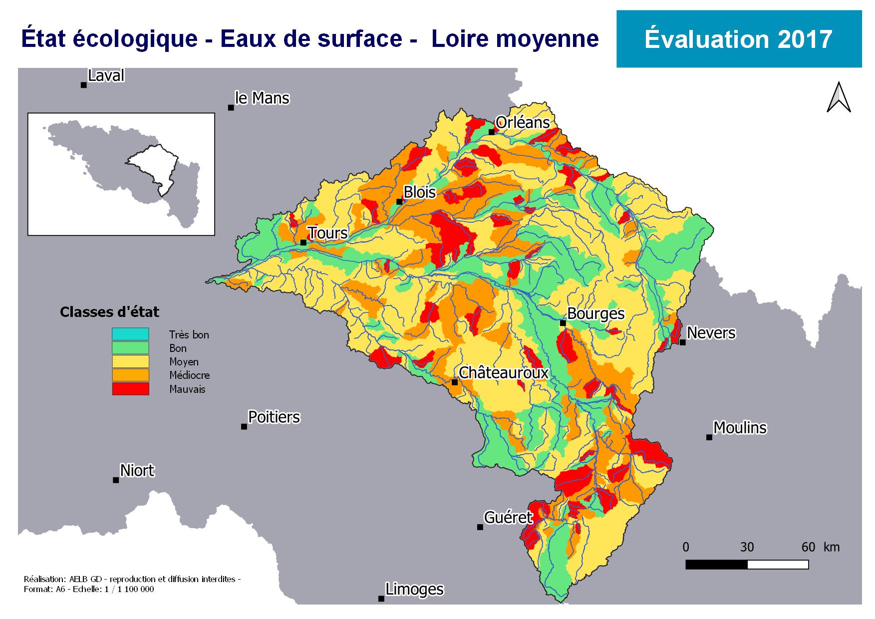 Évaluation 2017 de l'état écologique des eaux de surface en Loire moyenne