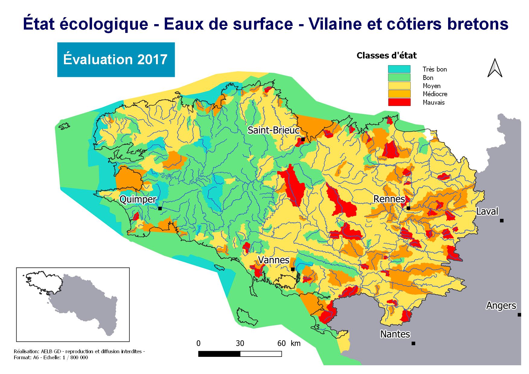 Évaluation 2017 de l'état écologique des eaux de surface - Vilaine et côtiers bretons