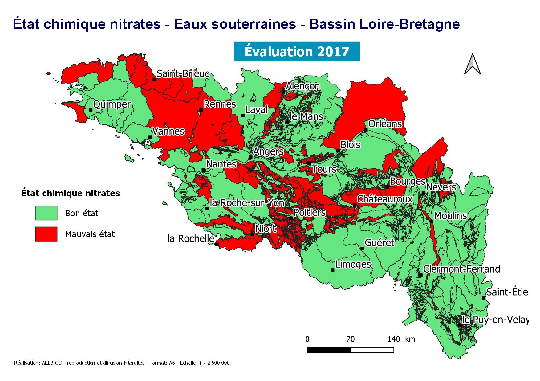 État chimique nitrates - Eaux souterraines - Bassin Loire-Bretagne