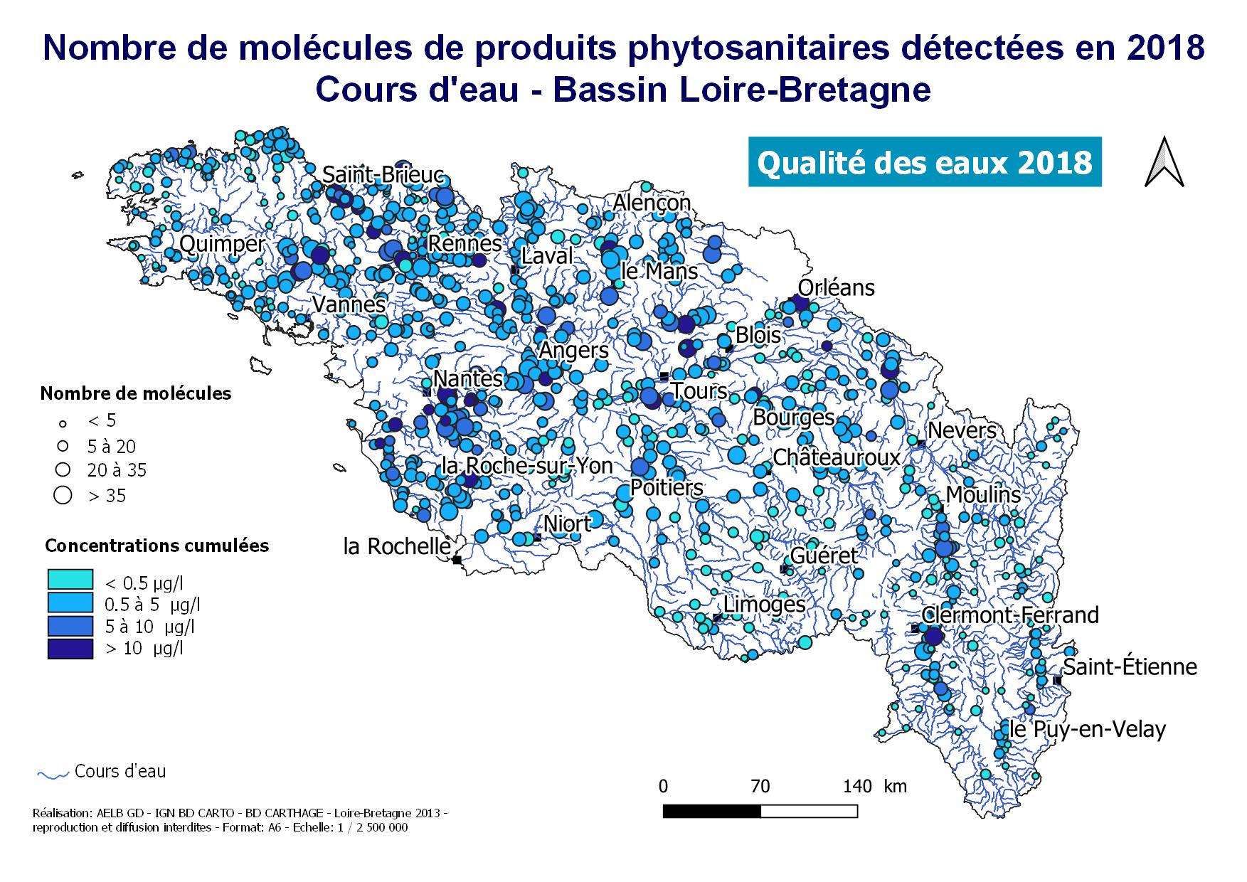 Qualité des cours d'eaux 2018 pour les produits phytosanitaires en Loire-Bretagne