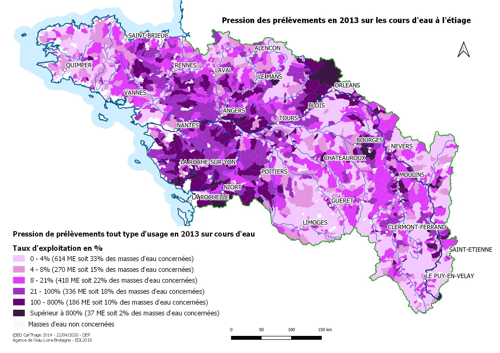Pressions des prélèvements en 2013 sur les cours d'eau à l'étiage