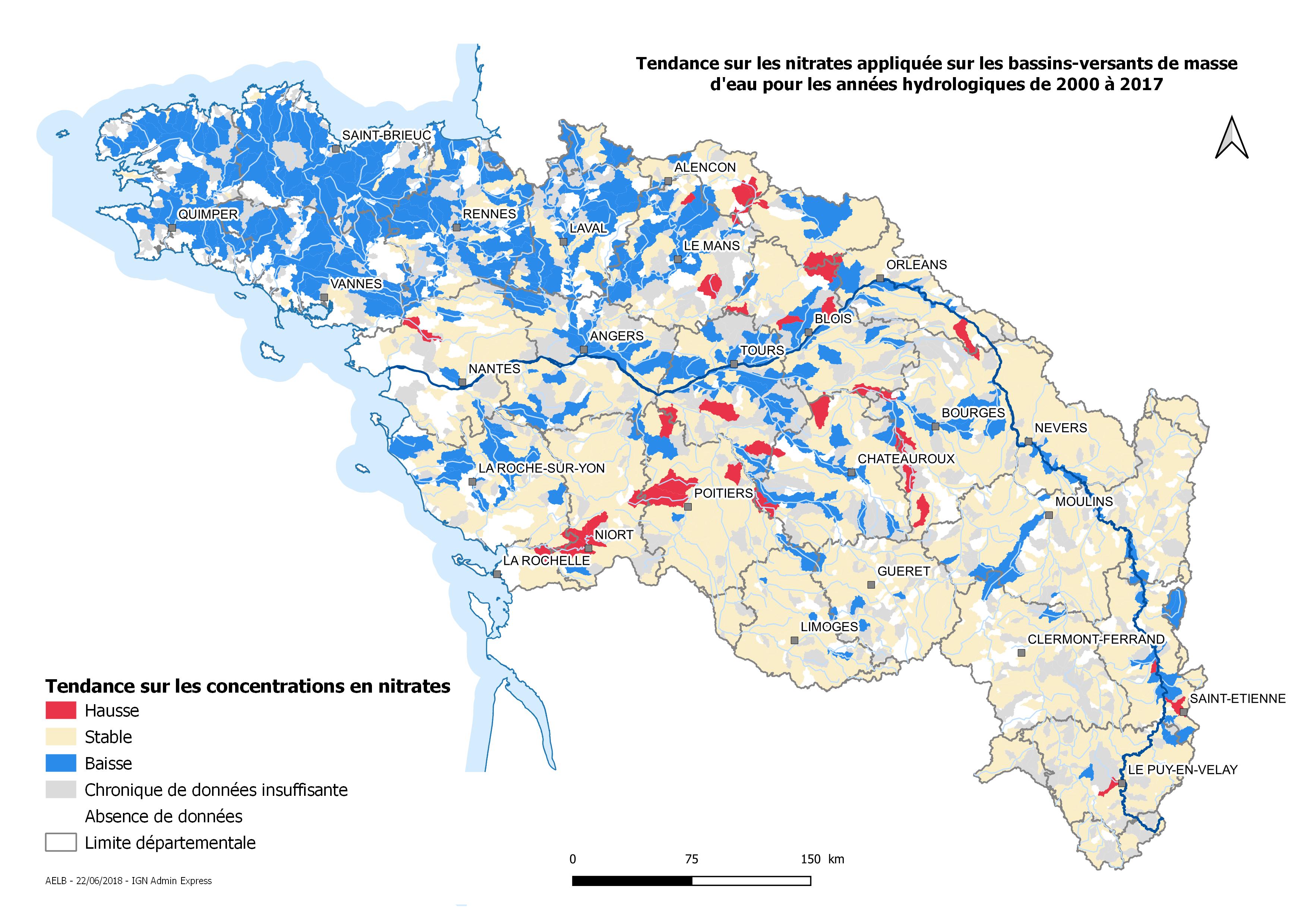 Évolution, de 2000 à 2017, de la concentration de nitrates sur les bassins versants des masses d'eau