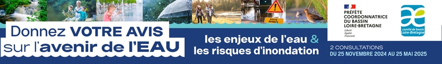 Donnez votre avis sur l'avenir de l'eau. Les enjeux de l'eau et les risques inondations. 2 consultations du 25 novembre 2024 au 25 mai 2025. Logo Préfète coordinatrice du bassin Loire-Bretagne et logo A de l'eau Loire-Bretagne